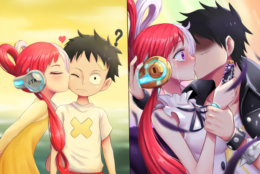 1boy 1girl ? age_comparison bandaged_head bandages black_hair black_jacket black_ribbon closed_eyes closed_mouth dress gaia_memory hair_over_one_eye highres jacket kiss long_hair monkey_d._luffy multicolored_hair one_eye_closed one_piece one_piece_film:_red purple_eyes red_hair ribbon shirt short_hair spikes split-color_hair t-shirt tears two-tone_hair uta_(one_piece) white_dress white_hair white_shirt wristband yellow_dress zerokun135