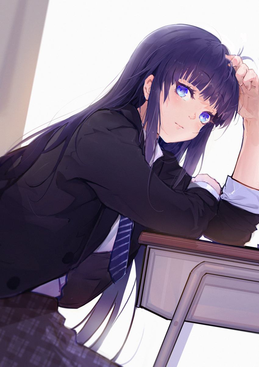 absurdres black_hair blazer blue_eyes blue_necktie classroom desk highres jacket konton_shujin long_hair necktie on_desk school school_desk school_uniform sitting sitting_on_desk touma_kazusa white_album_2