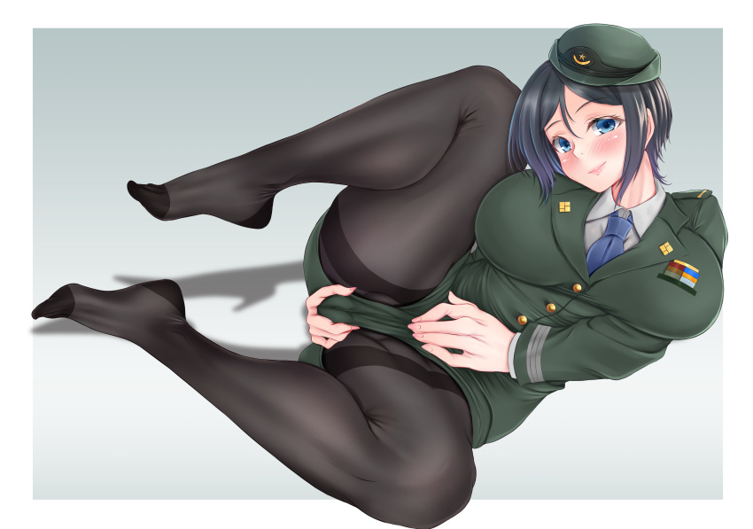 1girl absurdres bangs black_hair black_pantyhose blue_eyes blue_necktie blush breasts cameltoe chouno_ami closed_mouth commentary commission covering covering_crotch dress_shirt english_commentary feet female_service_cap girls_und_panzer green_headwear green_jacket green_skirt grey_background head_tilt highres jacket large_breasts leg_up legs long_sleeves looking_at_viewer lying military military_uniform miniskirt mixed-language_commentary necktie no_shoes on_side outside_border pantyhose pencil_skirt pixiv_commission shadow shirt short_hair siki2046 skirt skirt_tug smile solo spread_legs swept_bangs thighband_pantyhose toes uniform white_shirt wing_collar