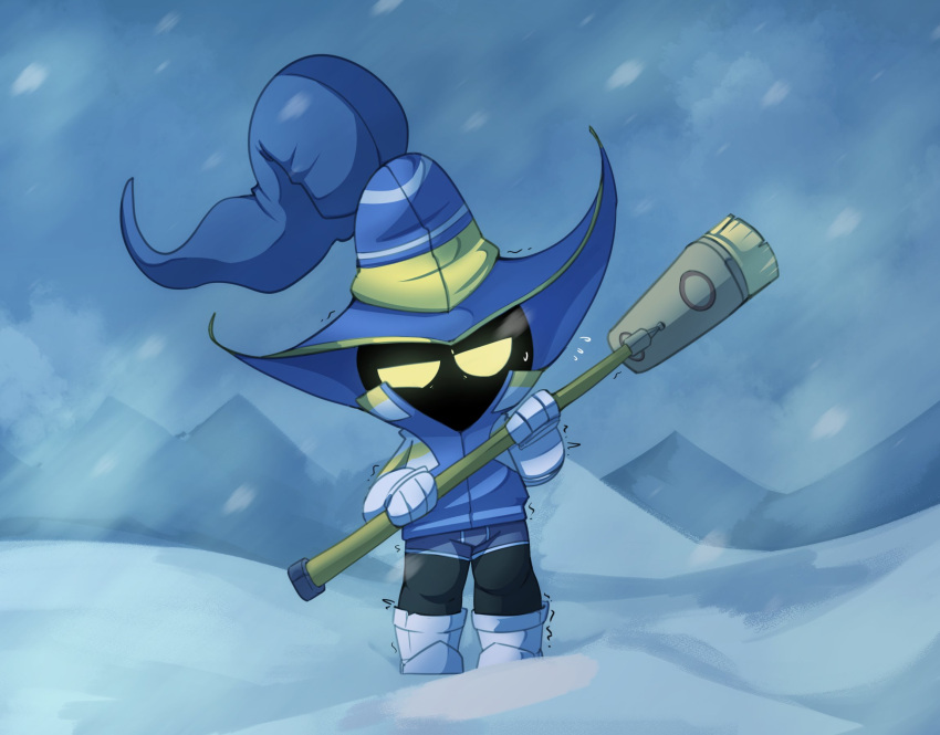 ambiguous_gender anthro black_body blue_clothing blue_jacket blue_topwear bodily_fluids boots clothing cold curling detailed_background footwear full-length_portrait gloves half-closed_eyes handwear hat headgear headwear hi_res high_collar holding_object jacket league_of_legends looking_at_viewer male_(lore) narrowed_eyes obscured_face pantsless portrait riot_games shaking shivering smite_(artist) snow solo sweat sweatdrop topwear veigar wizard_hat yellow_eyes yordle