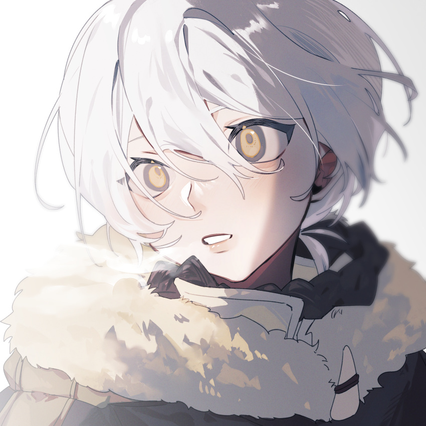 1boy bangs cloak fumetsu_no_anata_e fur-trimmed_hood fur_trim fushi hair_between_eyes highres hood hooded_cloak looking_to_the_side parted_lips short_hair solo teeth tifu_(natsukaze) white_fur white_hair wind yellow_eyes