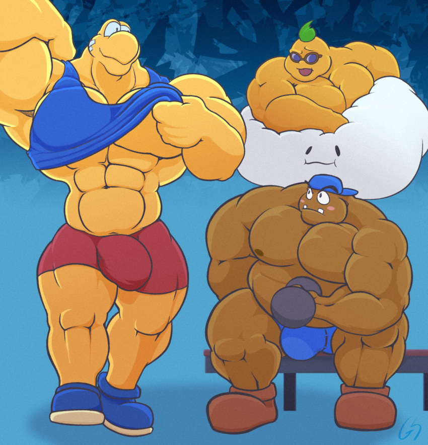 abs anthro bandage bench blue_background bottomwear bulge clothing cloud dumbbell eyewear footwear goomba group gs gym hat headgear headwear hi_res jersey koopa male mario_bros muscular muscular_anthro muscular_male nintendo nintendo_switch paper_mario pecs scalie shirtless shirtless_anthro shirtless_male shoes shorts simple_background smile sunglasses teeth trio underwear weights