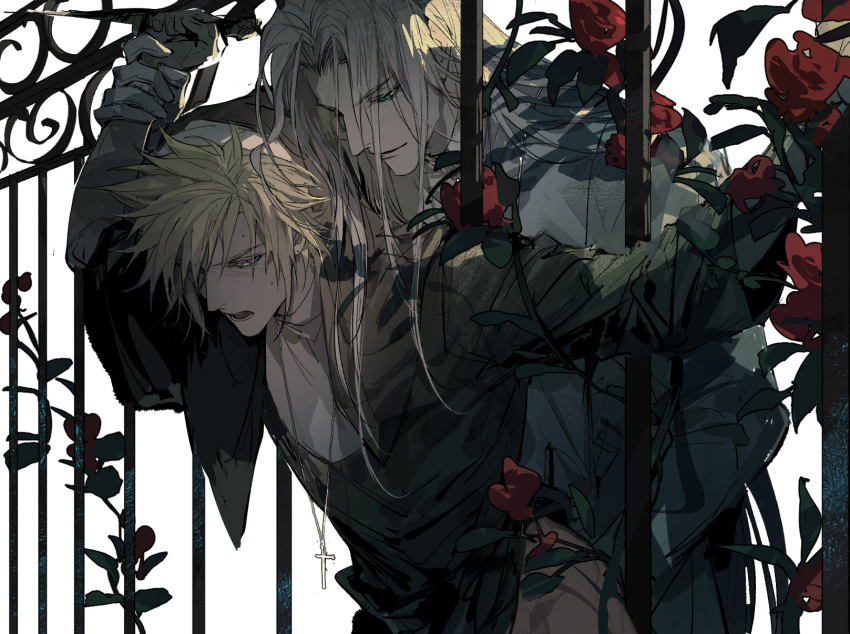 2boys alternate_universe bangs blonde_hair blouse cloud_strife collared_shirt cross cross_necklace evening fence final_fantasy final_fantasy_vii flower foliage highres holding_another's_wrist iron_fence jewelry long_hair messy_hair multiple_boys necklace night nun red_flower red_rose rose rose_bush sephiroth shirt short_hair smirk spiked_hair sweat white_hair white_shirt xiandao1213 yaoi