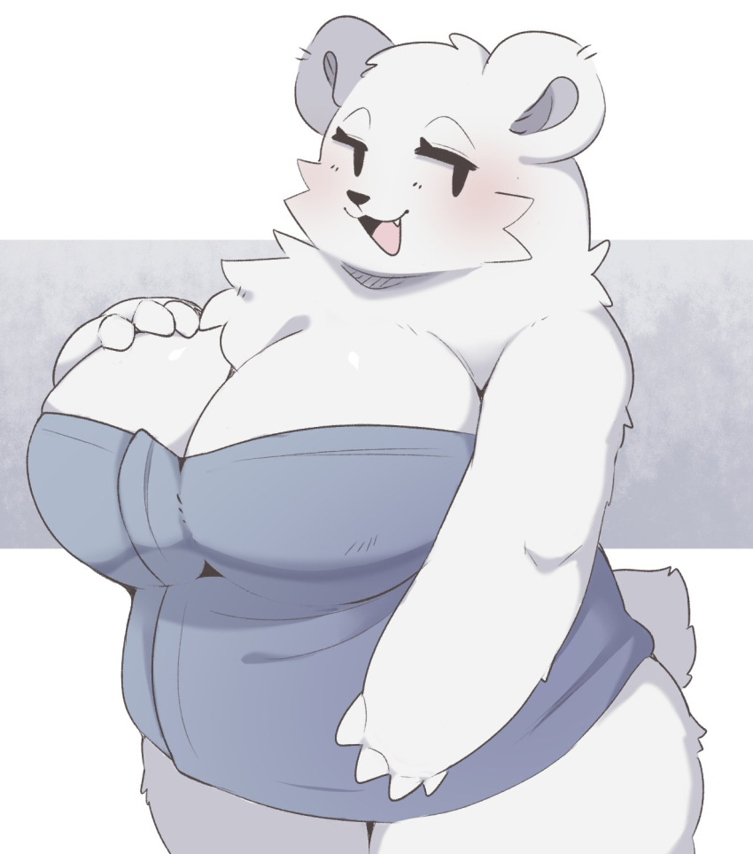 4_fingers anotherbearsimp anthro bear biped blush breasts cleavage clothed clothing eyelashes female fingers fur hi_res ice_(interspecies_reviewers) interspecies_reviewers mammal open_mouth simple_background simple_eyes smile solo white_body white_fur