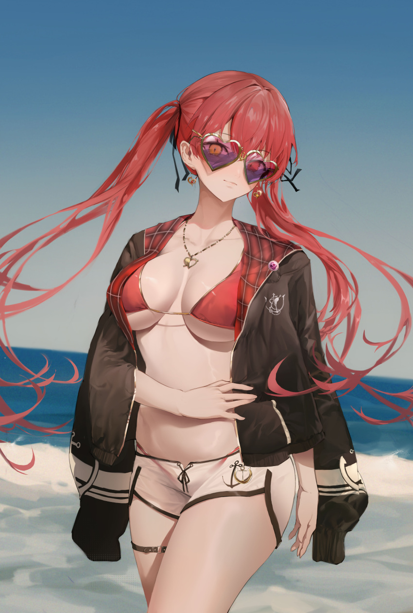 1girl absurdres anchor_print beach bikini black_jacket black_ribbon blue_sky breasts closed_mouth cowboy_shot dingding_(chongsangjun) dolphin_shorts earrings floating_hair gold_earrings gold_necklace hair_ribbon heart heart-shaped_eyewear heart_earrings heart_necklace heterochromia highres hololive houshou_marine jacket jacket_on_shoulders jewelry large_breasts long_hair necklace pink-tinted_eyewear red_bikini red_eyes red_hair ribbon see-through_shorts shorts sky solo sunglasses swimsuit thigh_strap thighs tinted_eyewear twintails virtual_youtuber yellow_eyes