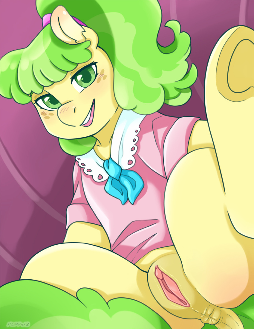 anus aries84 clothed clothed_feral clothing colored equid equine female feral freckles friendship_is_magic genitals green_hair hair hasbro hi_res mammal mature_female ms._peachbottom_(mlp) my_little_pony pussy solo