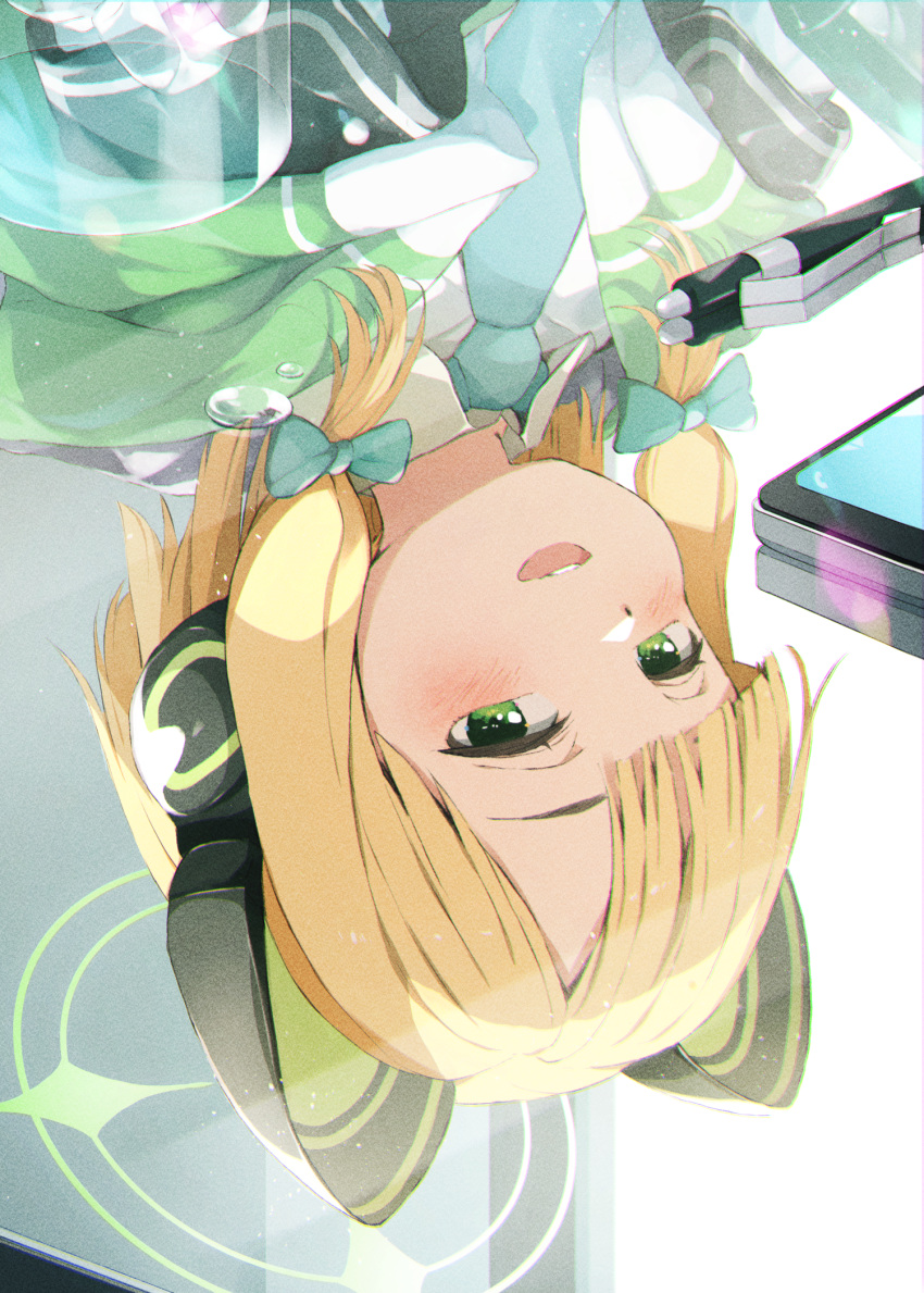 1girl animal_ear_headphones animal_ears bangs blonde_hair blue_archive bow cat_ear_headphones cellphone collared_shirt commentary_request fake_animal_ears gomennasai green_bow green_eyes green_necktie hair_bow halo headphones highres jacket medium_hair midori_(blue_archive) necktie open_mouth pen phone reflection reflective_table shirt smartphone smile solo swept_bangs upper_body upside-down white_shirt