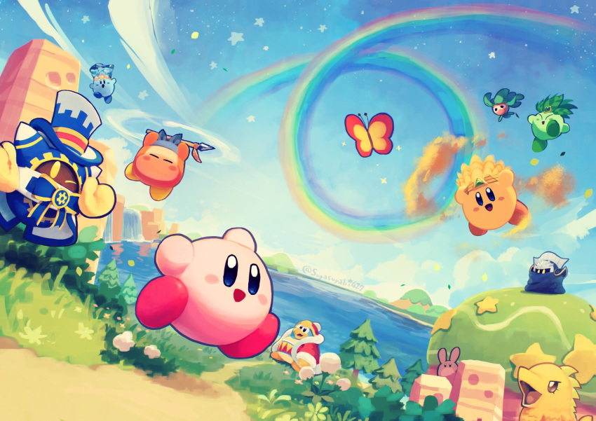 :d armor arms_up artist_name bandana bandana_waddle_dee beak blue_bandana blue_eyes blue_sky blush blush_stickers bug butterfly cape character_request closed_eyes cloud coat copy_ability day eyes_in_shadow flower flying full_body fur-trimmed_coat fur-trimmed_headwear fur-trimmed_sleeves fur_trim gloves grass hat highres hill holding holding_polearm holding_weapon king_dedede kirby kirby's_return_to_dream_land kirby's_return_to_dream_land_deluxe kirby_(series) leaf_kirby leafan long_sleeves looking_at_viewer magolor mask meta_knight morpho_knight mountain no_humans one_eye_closed open_mouth outdoors path plant polearm polof rabbit rainbow red_coat red_headwear running sand_kirby scenery shoulder_armor sky smile solid_oval_eyes spear star_(symbol) suyasuyabi top_hat tree twitter_username water water_kirby waterfall weapon white_flower yellow_eyes yellow_gloves