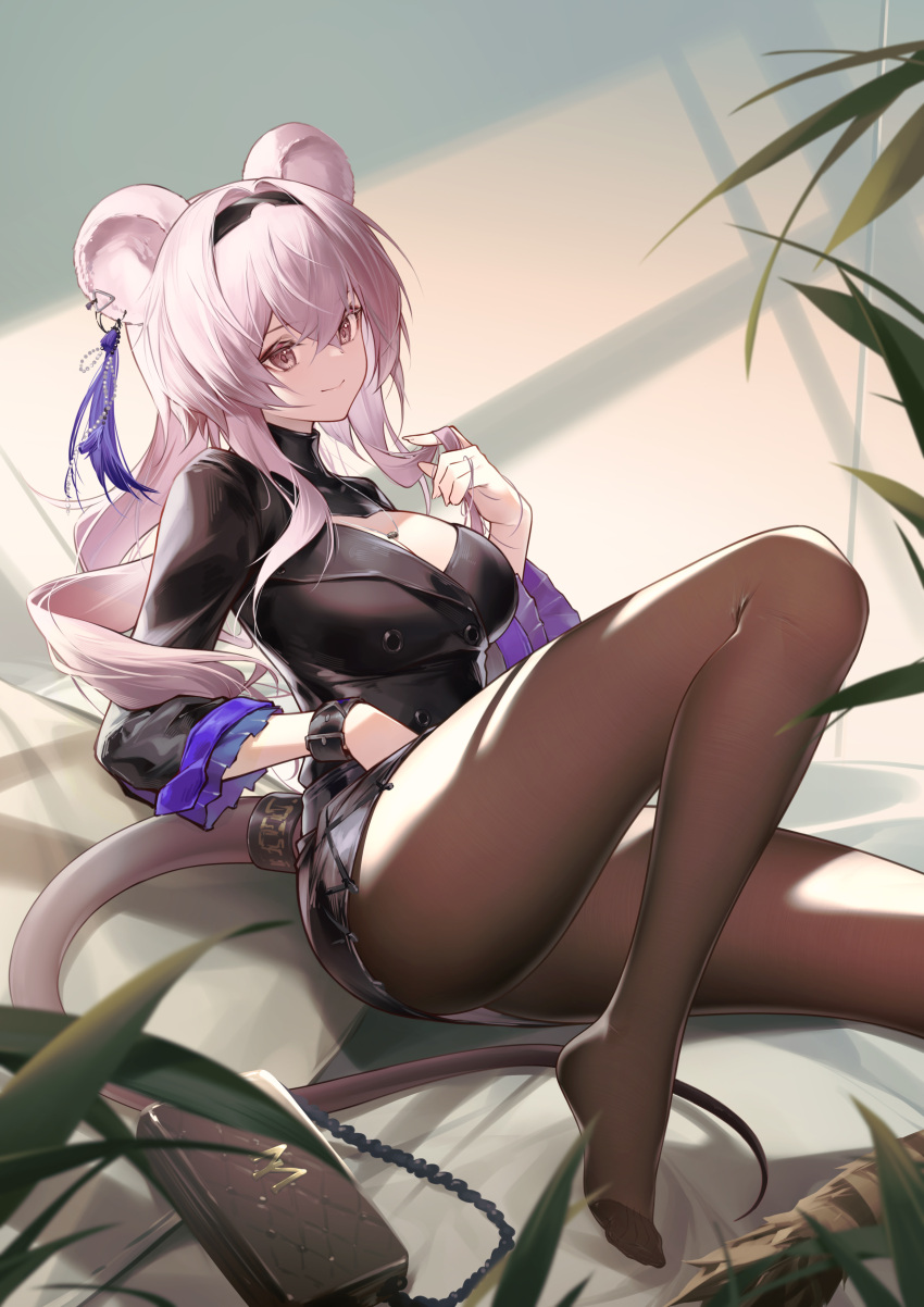1girl absurdres animal_ears arknights ass black_dress breasts brown_pantyhose cleavage cleavage_cutout closed_mouth clothing_cutout dress earrings feet hairband hand_up highres jewelry jiusan_naitan knee_up large_breasts lin_yuhsia_(arknights) long_hair long_sleeves looking_at_viewer lying mouse_ears mouse_girl mouse_tail no_shoes on_back pantyhose reclining short_dress smile solo tail thighs wristband