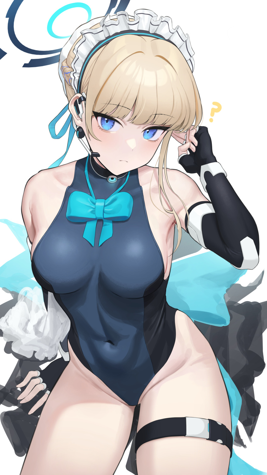 1girl ? absurdres arm_support bangs bare_shoulders black_gloves black_leotard blonde_hair blue_archive blue_bow blue_bowtie blue_eyes blue_leotard blue_ribbon bow bowtie breasts commentary_request covered_collarbone covered_navel earpiece elbow_gloves fingerless_gloves frilled_hairband frills frown gloves groin hair_ribbon hairband halo hand_up highleg highleg_leotard highres ildy impossible_clothes impossible_leotard leotard looking_at_viewer maid_headdress medium_breasts microphone ribbon sideboob sidelocks simple_background sleeveless_turtleneck_leotard solo thigh_strap thighs toki_(blue_archive) two-tone_leotard white_background white_hairband