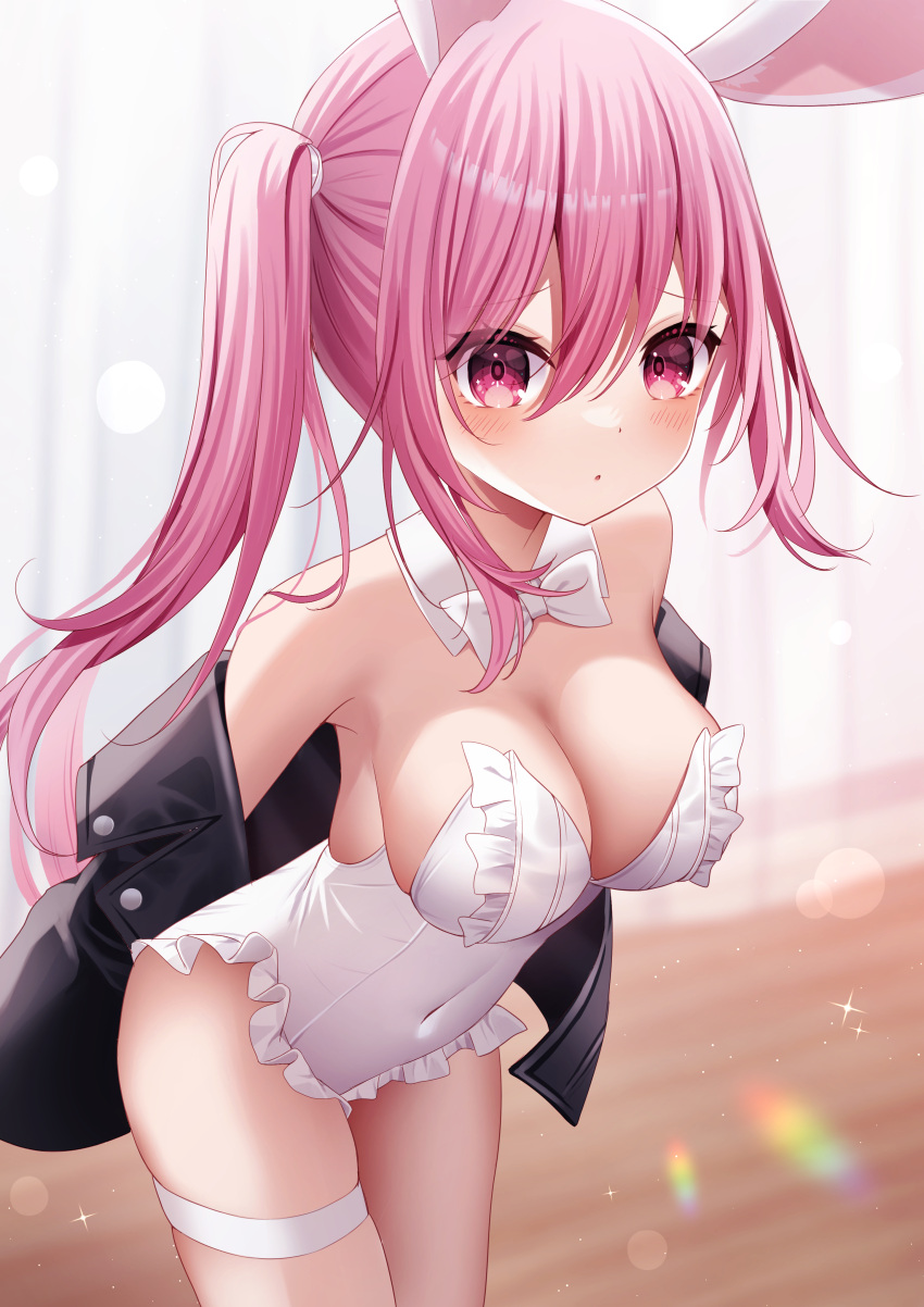 1girl :o absurdres animal_ear_fluff animal_ears bangs bare_shoulders black_jacket blurry blurry_background blush bow bowtie breasts cleavage collar commentary_request covered_navel depth_of_field detached_collar frilled_leotard frills hair_between_eyes highres jacket leotard long_hair medium_breasts off_shoulder open_clothes open_jacket original parted_lips pink_hair playboy_bunny rabbit_ears red_eyes sapphire_(sapphire25252) side_ponytail skindentation solo thigh_strap white_bow white_bowtie white_collar wooden_floor