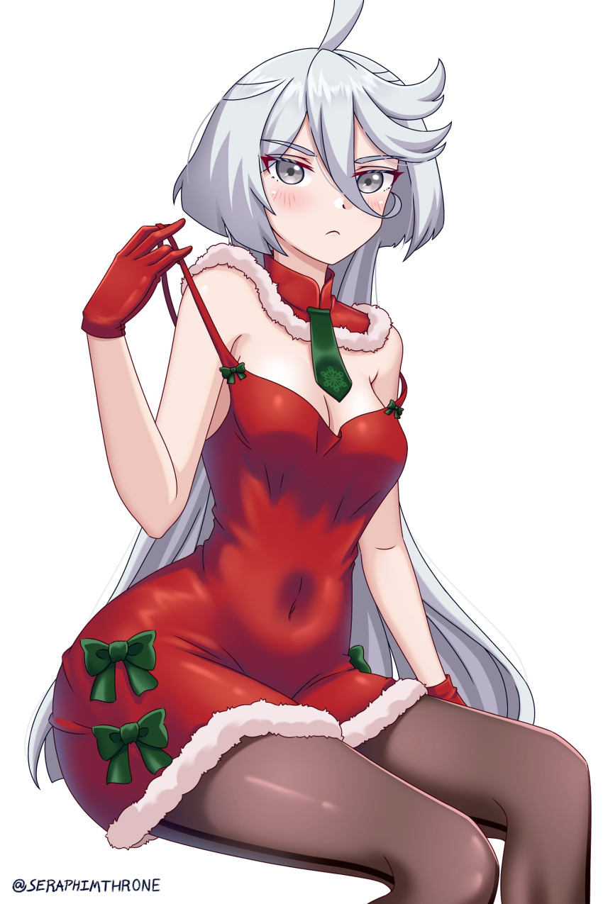 1girl ahoge alternate_costume bare_arms blush bow breasts brown_pantyhose christmas cleavage closed_mouth commentary covered_navel detached_collar dress frown fur_trim gloves green_bow green_necktie grey_eyes gundam gundam_suisei_no_majo hair_between_eyes highres invisible_chair long_hair looking_at_viewer miorine_rembran necktie pantyhose pulled_by_self red_dress red_gloves santa_dress seraphim_throne short_necktie simple_background sitting small_breasts solo strap_pull taut_clothes taut_dress very_long_hair white_background white_hair