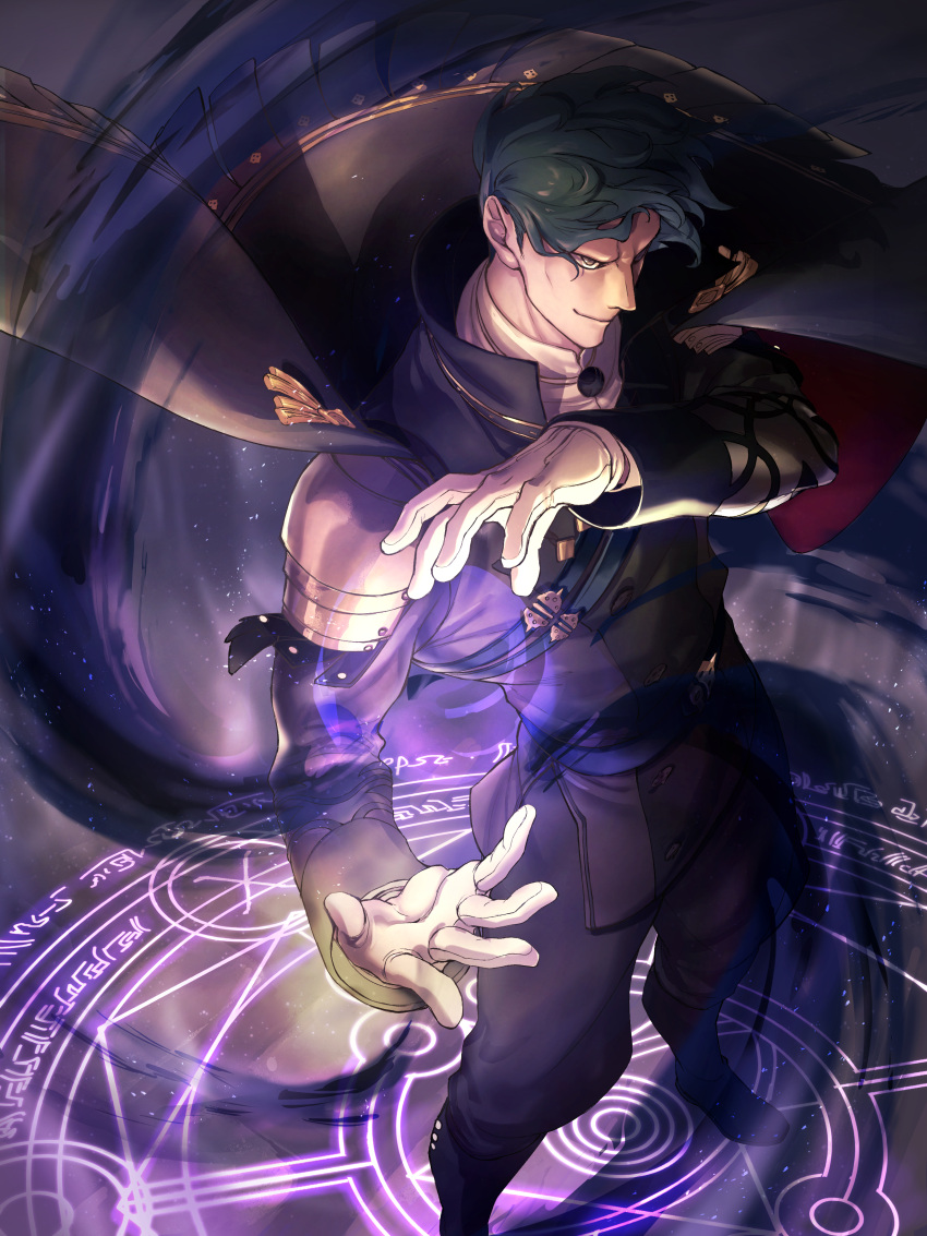 1boy absurdres armor black_cape black_eyes black_footwear black_hair black_jacket black_pants boots cape closed_mouth fire_emblem fire_emblem:_three_houses full_body gloves highres hubert_von_vestra jacket long_sleeves looking_away magic magic_circle male_focus moyashi_mou2 pants short_hair shoulder_armor smile solo standing white_gloves