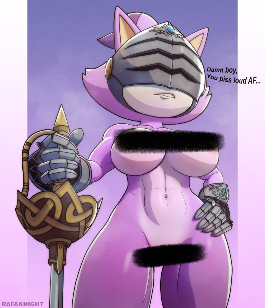 abs anthro armor big_breasts black_nose blaze_the_cat breasts censor_bar censored clothing dialogue domestic_cat english_text felid feline felis female fur gauntlets gloves half-closed_eyes handwear headgear helmet hi_res mammal melee_weapon narrowed_eyes nude purple_body purple_fur rafaknight-rk sega sir_percival_(sonic_and_the_black_knight) solo sonic_and_the_black_knight sonic_storybook_series sonic_the_hedgehog_(series) sword text thick_thighs weapon wide_hips yellow_eyes