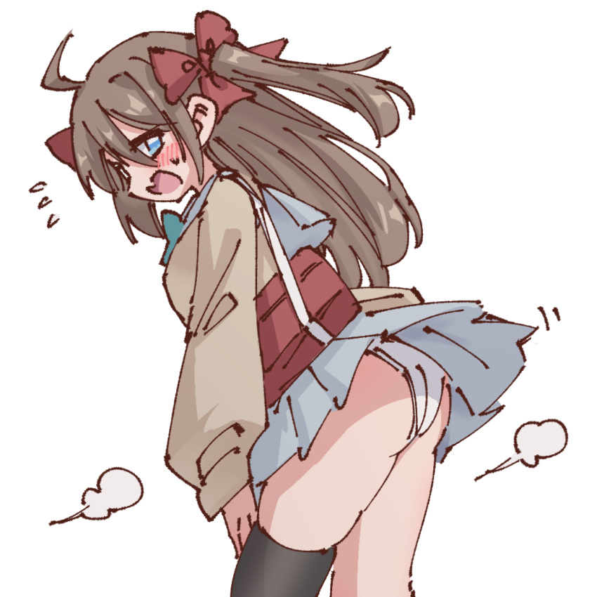 1girl ahoge ass bag bangs black_thighhighs blue_eyes blush bow brown_cardigan brown_hair cardigan chinese_commentary clothes_lift commentary english_commentary fang flying_sweatdrops from_side frown grey_sailor_collar grey_skirt hair_bow indie_virtual_youtuber long_hair long_sleeves looking_back mixed-language_commentary neuro-sama panties pantyshot pleated_skirt red_bag red_bow rune_(dualhart) sailor_collar school_uniform serafuku shoulder_bag sidelocks single_thighhigh skin_fang skirt skirt_lift sweatdrop thighhighs thighs transparent_background two_side_up underwear virtual_youtuber white_panties wind wind_lift