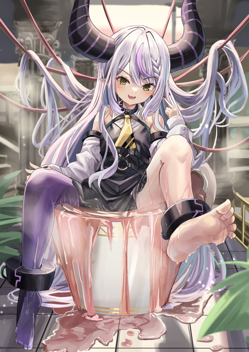 1girl absurdly_long_hair ankle_cuffs ascot bangs bare_shoulders barefoot black_dress black_nails blush braid demon_girl demon_horns detached_sleeves dress fang feet grey_hair highres hololive horns la+_darknesss legs long_hair long_sleeves looking_at_viewer multicolored_hair no_shoes o-ring open_mouth pantyhose pointy_ears purple_hair purple_pantyhose shigiroid single_leg_pantyhose sitting skin_fang smile soles solo steam streaked_hair striped_horns toes v very_long_hair virtual_youtuber water wet wet_clothes yellow_ascot yellow_eyes