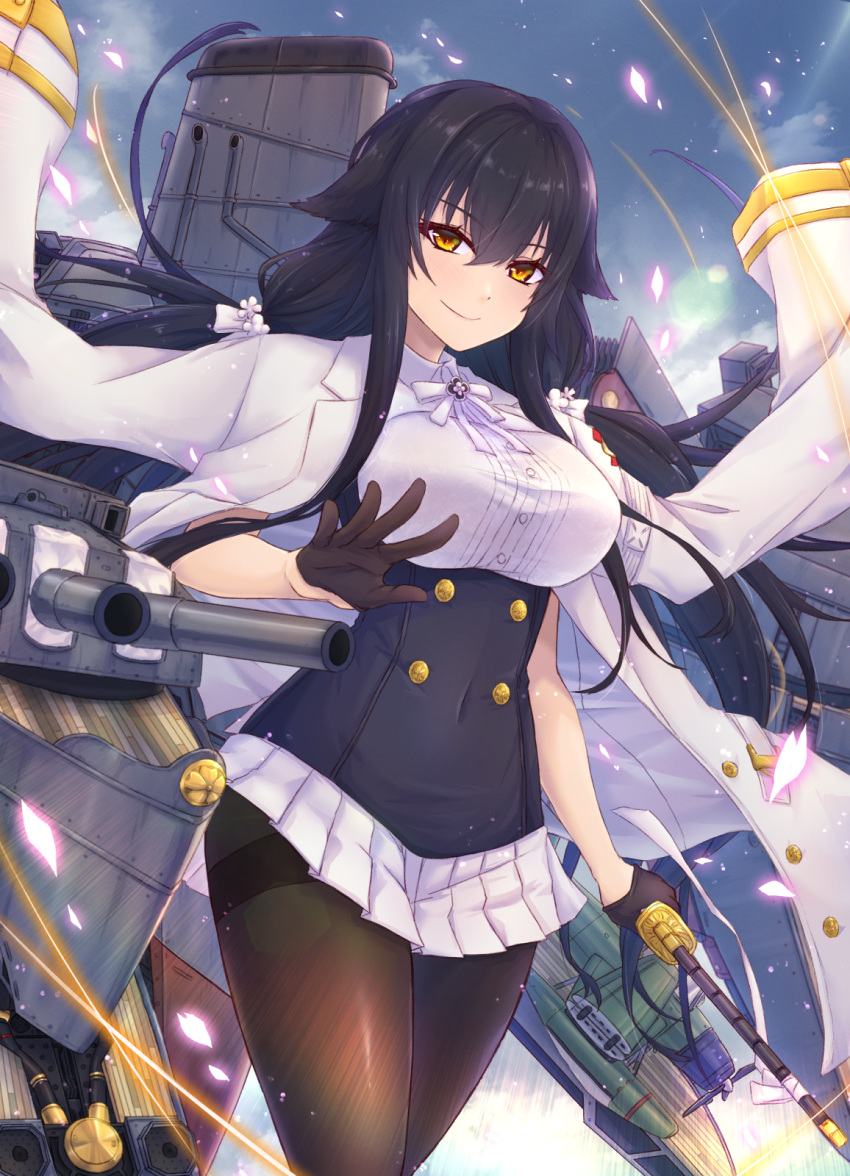 1girl azuma_(azur_lane) azur_lane black_gloves black_hair breasts cannon day flower gloves hair_between_eyes half_gloves highres holding holding_sword holding_weapon katana large_breasts long_hair looking_at_viewer machinery military military_uniform pantyhose petals pleated_skirt rigging seaplane skirt smile smokestack solo sword turret uniform waa!_okami weapon white_flower yellow_eyes