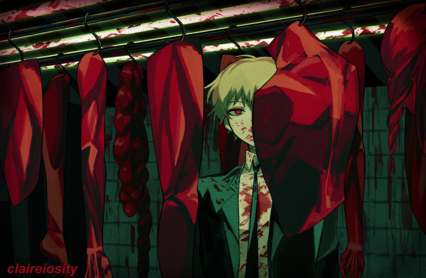 1boy artist_name black_jacket black_necktie blonde_hair blood blood_on_clothes blood_on_face braid braided_ponytail chainsaw_man claireiosity collared_shirt dark denji_(chainsaw_man) exposed_muscle formal highres intestines jacket looking_at_viewer makima_(chainsaw_man) necktie one_eye_covered raw_meat red_eyes red_hair red_theme severed_arm severed_head severed_leg severed_limb shirt short_hair skinned solo suit suit_jacket white_shirt