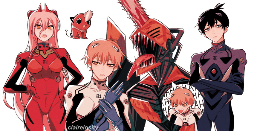artist_name bangs black_hair blonde_hair blood blood_on_teeth breasts chainsaw chainsaw_man claireiosity commentary cosplay cross-shaped_pupils crossed_arms demon_girl demon_horns denji_(chainsaw_man) english_commentary fangs gloves hair_between_eyes hands_on_hips hayakawa_aki highres horns ikari_shinji ikari_shinji_(cosplay) long_hair looking_at_viewer mecha multicolored_eyes nagisa_kaworu nagisa_kaworu_(cosplay) neon_genesis_evangelion open_mouth parted_lips pink_hair plugsuit pochita_(chainsaw_man) red_eyes red_horns robot sharp_teeth short_hair simple_background souryuu_asuka_langley souryuu_asuka_langley_(cosplay) standing symbol-shaped_pupils teeth tongue tongue_out topknot very_long_hair white_background yellow_eyes