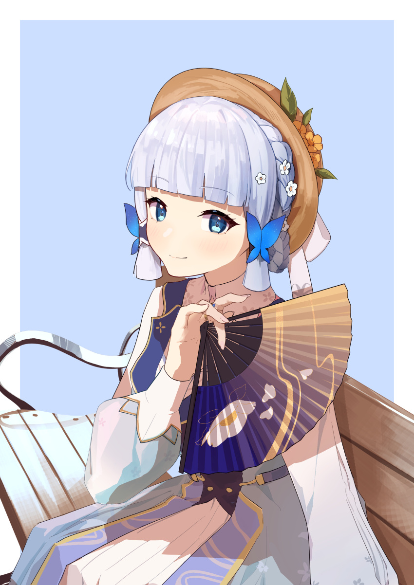 1girl absurdres bangs bench blue_background blue_dress blue_eyes blue_hair blunt_bangs blush border braid butterfly_hair_ornament closed_mouth collar dress flower genshin_impact hair_flower hair_ornament hair_up hand_fan hand_up hat hat_flower high_collar highres holding holding_fan kamisato_ayaka kamisato_ayaka_(springbloom_missive) light_blue_hair long_sleeves looking_at_viewer official_alternate_costume puffy_long_sleeves puffy_sleeves raywallin sitting_on_bench smile solo white_border white_collar