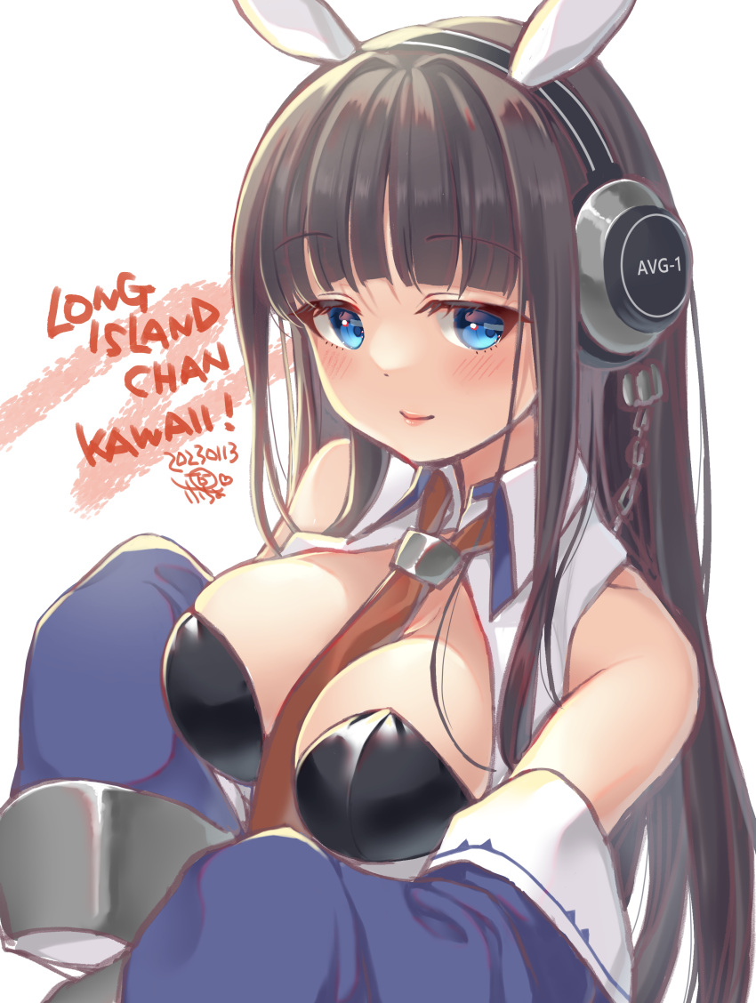 absurdres adapted_costume animal_ears azur_lane between_breasts black_hair black_leotard blue_eyes blue_jacket breasts character_name dated detached_collar fake_animal_ears headphones highres jacket leotard long_hair long_island_(azur_lane) looking_at_viewer medium_breasts necktie open_clothes open_jacket playboy_bunny pucho rabbit_ears red_necktie signature simple_background sleeves_past_fingers sleeves_past_wrists smile strapless strapless_leotard upper_body very_long_hair white_background