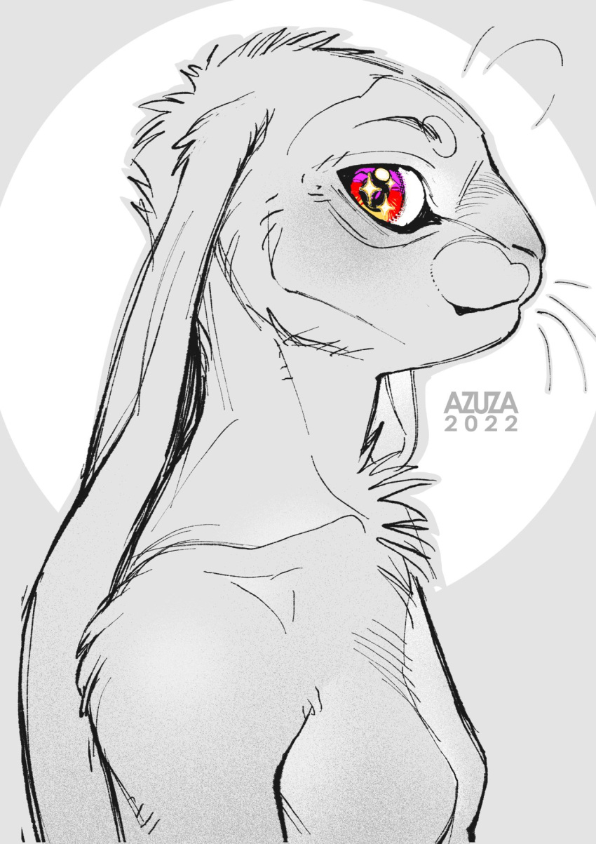 2022 anthro artist_name azuza bust_portrait chest_tuft dated female floppy_ears glistening glistening_eyes hi_res lagomorph leporid long_ears looking_at_viewer mammal mouth_closed nude partially_colored portrait rabbit side_view simple_background solo sparkles tuft