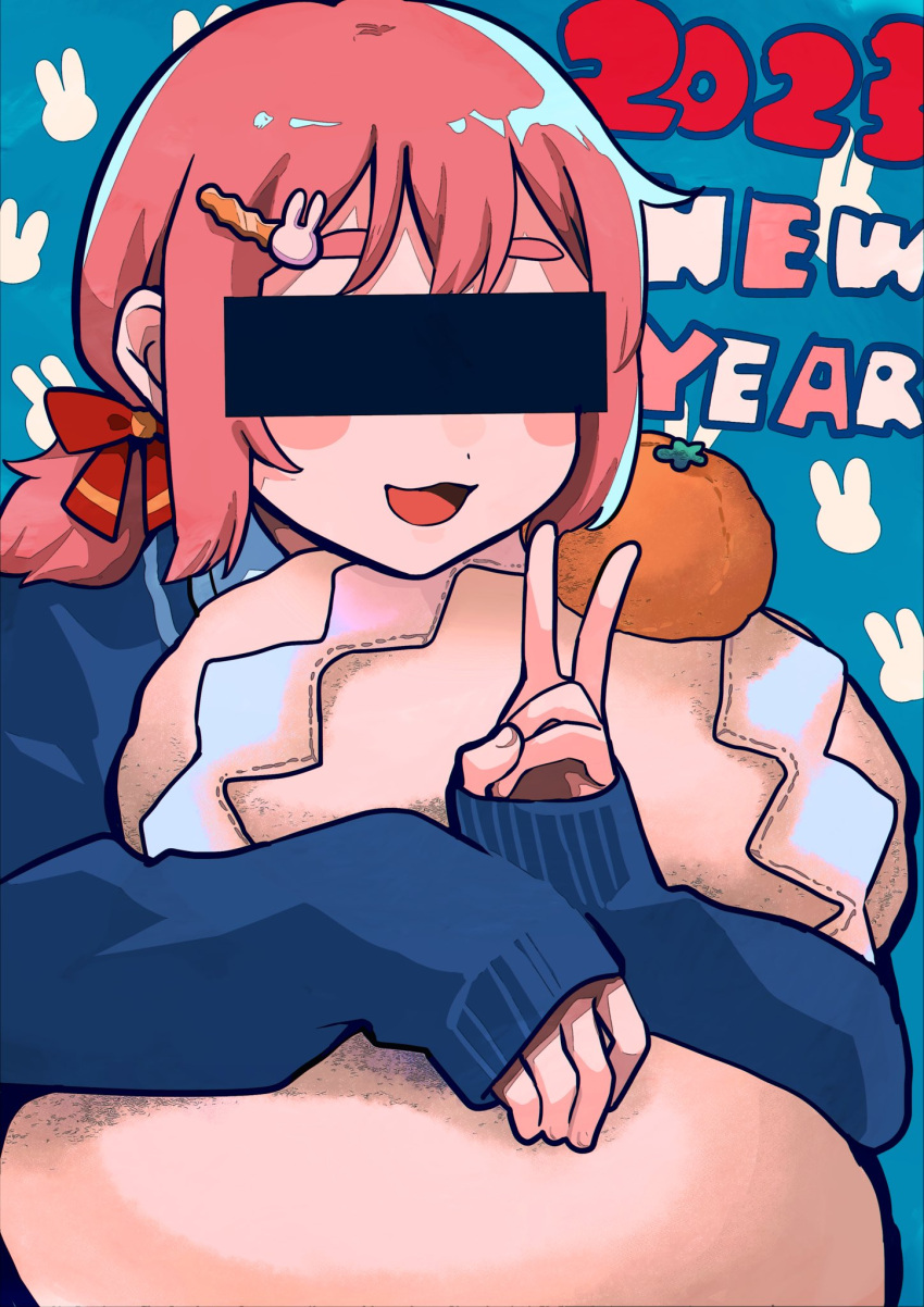 1girl 2023 :3 aruko_okara bangs bar_censor blue_background blue_cardigan blush_stickers bow cardigan censored chinese_zodiac doll_hug food fruit hair_bow hair_ornament highres identity_censor indie_virtual_youtuber long_sleeves low_twintails mandarin_orange mitubashi_tuyo new_year object_hug open_mouth pink_hair rabbit_hair_ornament rabbit_print red_bow shide short_eyebrows short_twintails sleeves_past_wrists smile solo stuffed_toy thick_eyebrows twintails upper_body v year_of_the_rabbit