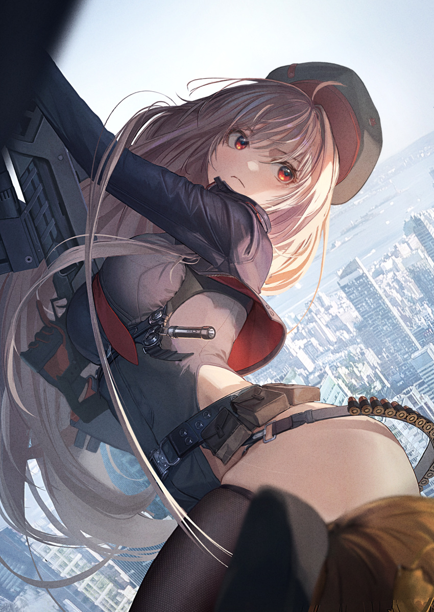1girl assault_rifle bandolier belt belt_pouch beret black_belt black_thighhighs blurry breasts brown_hair city cityscape closed_mouth depth_of_field flashlight ggoc_ill goddess_of_victory:_nikke gun hat highres holding holding_gun holding_weapon large_breasts long_sleeves military military_uniform necktie outdoors pouch rapi_(nikke) red_eyes red_necktie rifle solo thighhighs thighs two-sided_gloves uniform v-shaped_eyebrows weapon