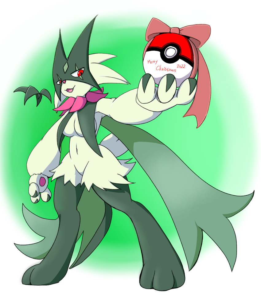 3_fingers absurd_res anthro biped bloodycat female fingers generation_9_pokemon green_body hi_res holding_object meowscarada nintendo open_mouth pawpads pokeball pokemon pokemon_(species) pupils red_eyes ribbons simple_background slit_pupils smile solo