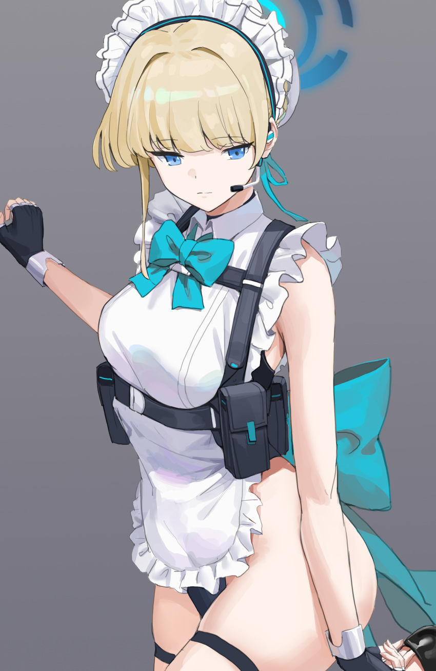 1girl absurdres apron bangs bare_shoulders black_gloves black_leotard blonde_hair blue_archive blue_bow blue_bowtie blue_eyes blush bow bowtie breasts chest_harness earpiece fingerless_gloves gloves halo harness highleg highleg_leotard highres leotard looking_at_viewer maid_headdress pouch short_hair sleeveless_turtleneck_leotard small_breasts solo thigh_strap thighs toki_(blue_archive) white_apron yuebaihezi