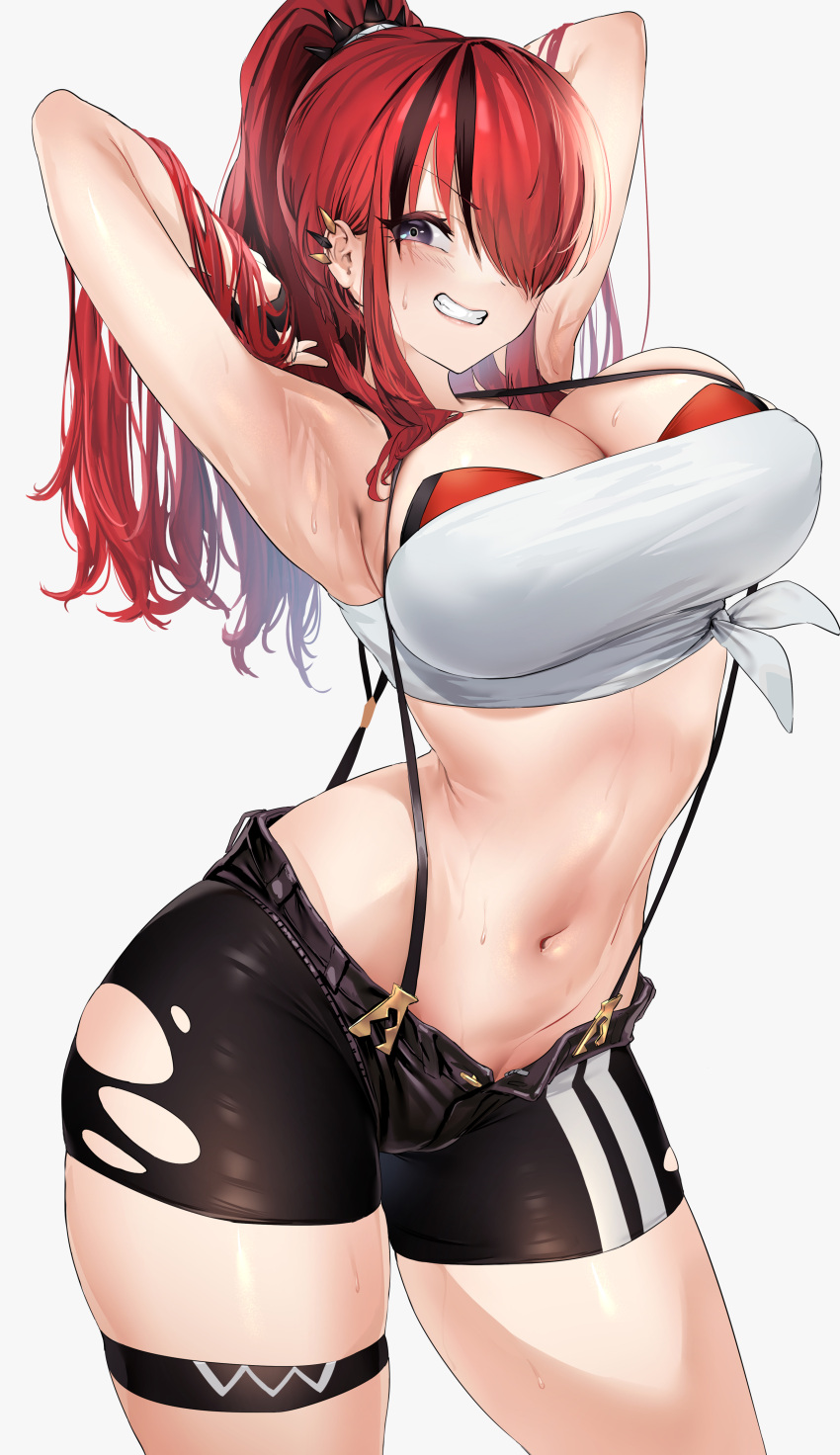 1girl absurdres arched_back armpits arms_up black_eyes black_hair breasts ear_piercing grin hair_over_one_eye hand_in_own_hair highres lain_paterson large_breasts long_hair looking_at_viewer multicolored_hair navel nijisanji open_clothes open_shorts parted_lips piercing ponytail red_hair sanuki_(kyoudashya) short_shorts shorts simple_background smile solo strapless streaked_hair suspender_shorts suspenders sweat thigh_strap torn_clothes torn_shorts tube_top virtual_youtuber