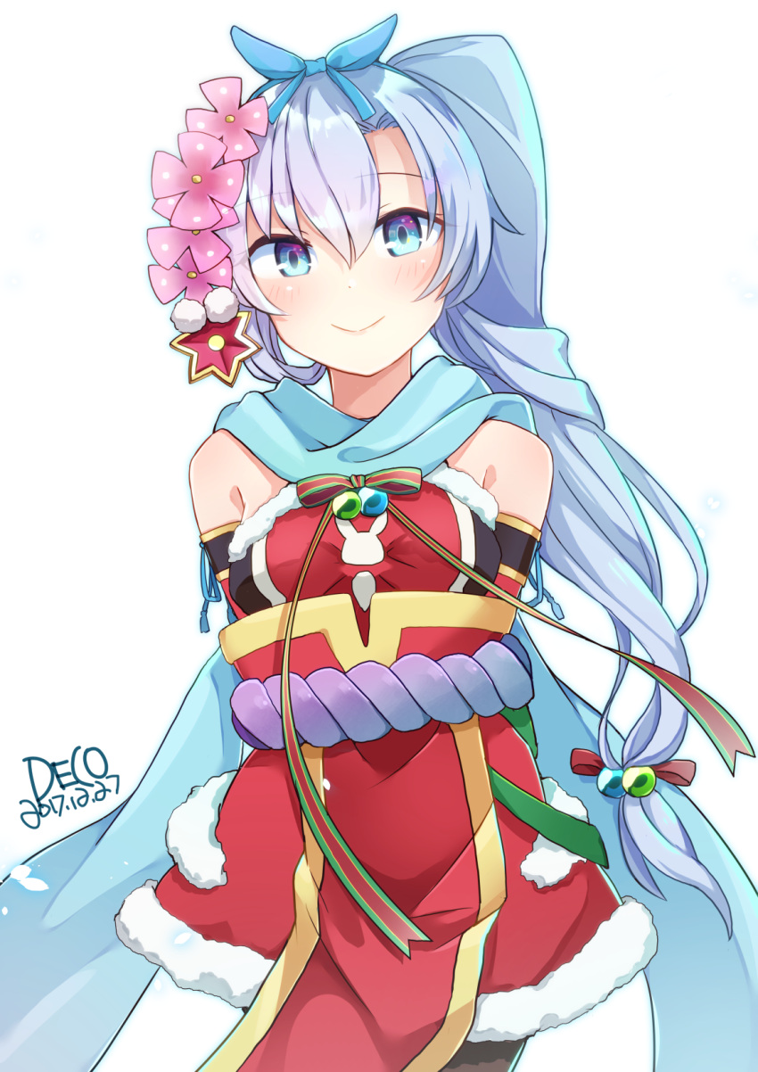 1girl arm_behind_back blue_eyes blue_hair blue_scarf blush flower hair_flower hair_ornament hair_ribbon highres kousetsu_samonji_(tenka_hyakken) long_hair misoradeko ribbon rope santa_costume scarf shimenawa side_ponytail smile tenka_hyakken