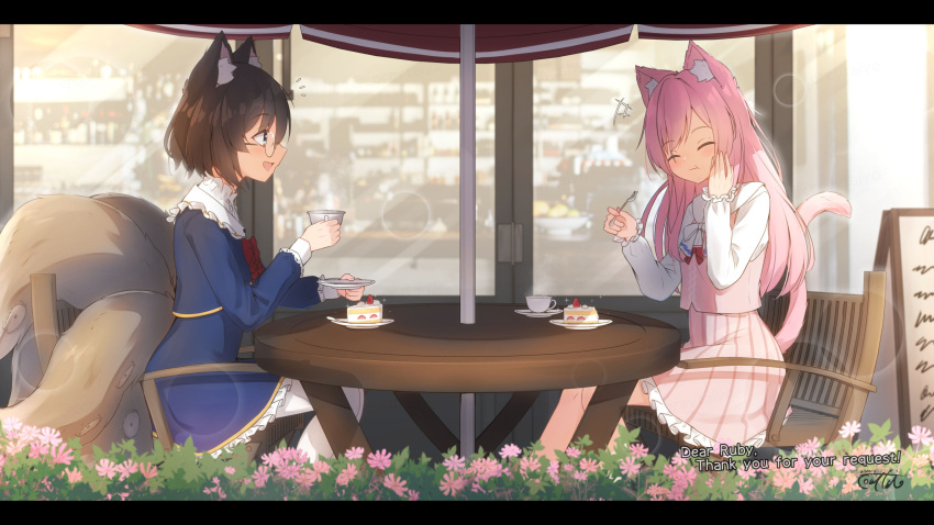 +++ 2girls :d :t ^_^ animal_ear_fluff animal_ears bangs blue_jacket blue_skirt bow brown_hair cake cake_slice cat_ears cat_girl cat_tail closed_eyes closed_mouth commentary_request commission coreytaiyo cup dated day eating feet_out_of_frame flower food fork frilled_skirt frills fruit highres holding holding_cup holding_fork holding_saucer jacket letterboxed long_hair long_sleeves multiple_girls multiple_tails original outdoors pantyhose parasol pink_flower pink_hair pink_skirt pink_vest profile puffy_long_sleeves puffy_sleeves red_bow saucer shirt short_hair signature skeb_commission skirt smile strawberry table tail teacup umbrella vest white_bow white_pantyhose white_shirt