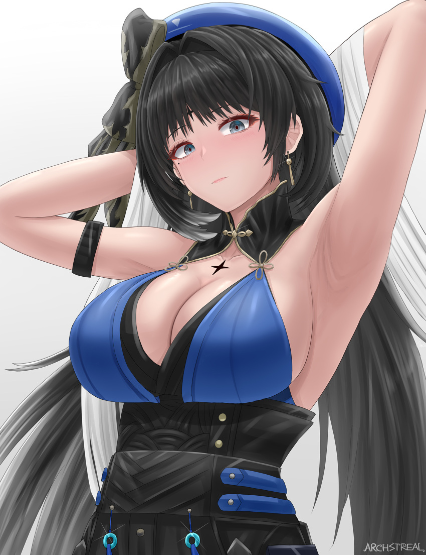 1girl archstreal arm_strap armpits arms_up artist_name bangs black_hair blue_headwear blush breasts cleavage closed_mouth collarbone earrings gradient gradient_background grey_background grey_eyes hair_ornament highres jewelry large_breasts long_hair looking_at_viewer mole mole_under_eye simple_background solo upper_body wuthering_waves yangyang_(wuthering_waves)