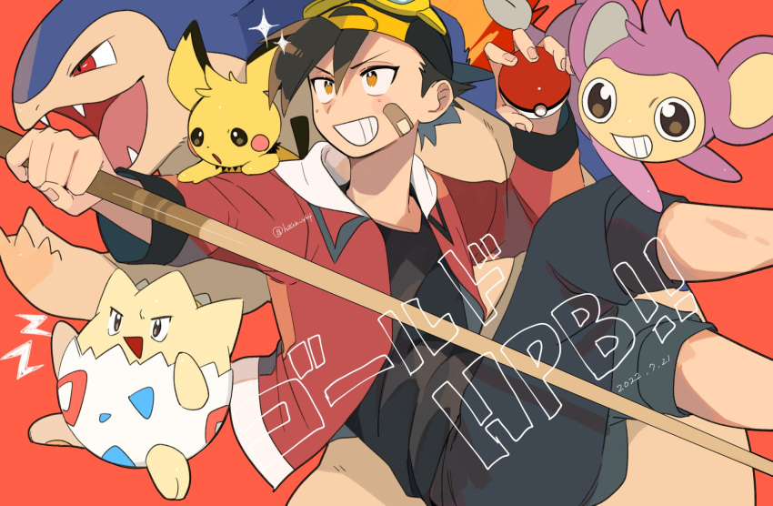 1boy aipom bandaid bandaid_on_face bangs baseball_cap black_hair black_pants black_shirt capri_pants commentary_request ethan_(pokemon) goggles goggles_on_headwear grin hat highres holding holding_poke_ball jacket male_focus momotose_(hzuu_xh4) open_clothes open_jacket orange_background pants pichu poke_ball poke_ball_(basic) pokemon pokemon_(creature) pokemon_adventures red_jacket shirt short_hair smile teeth togepi typhlosion