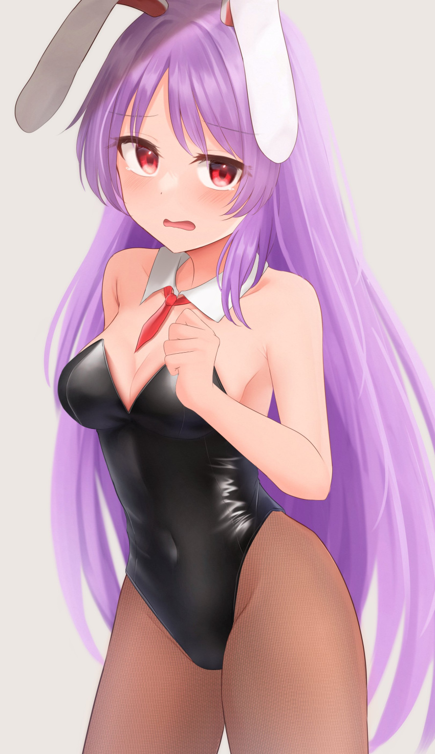 1girl absurdres animal_ears black_leotard bow bowtie breasts cleavage covered_navel cowboy_shot dakuazu detached_collar embarrassed fake_animal_ears fake_tail highres leotard playboy_bunny purple_hair rabbit_ears rabbit_tail red_eyes reisen_udongein_inaba solo strapless strapless_leotard tail touhou worried wrist_cuffs