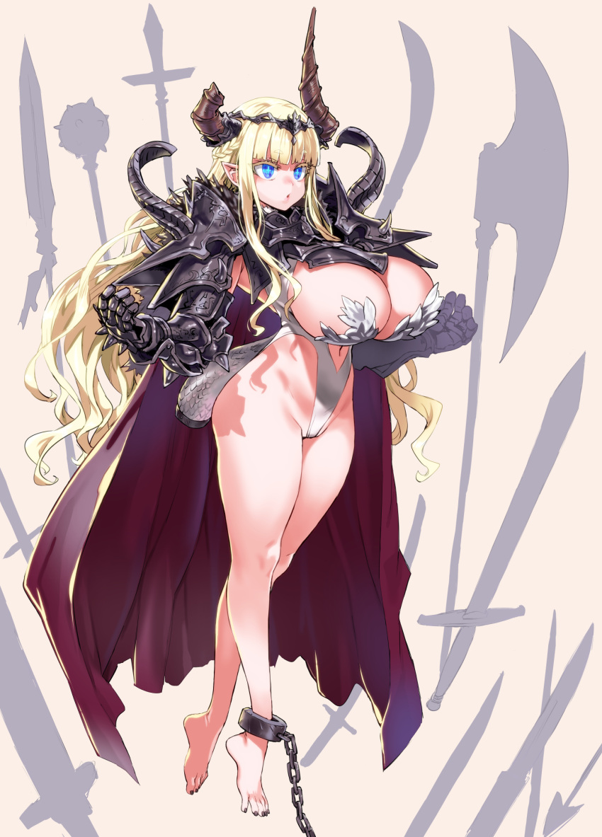 1girl ankle_cuffs armor asanagi black_nails blonde_hair blue_eyes braid breast_cutout breasts broken_horn cape commentary_request cross-shaped_pupils gauntlets highres horns large_breasts leotard long_hair original pointy_ears red_cape shoulder_armor solo symbol-shaped_pupils tiara weapon white_leotard