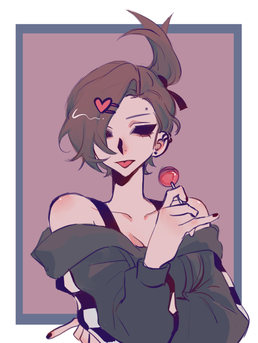 1girl aegyo_sal asymmetrical_bangs bare_shoulders black_nails border breasts brown_hair candy checkered_clothes chinese_commentary cleavage commentary_request curtained_hair drawstring ear_piercing earrings eddsworld eyebrow_piercing face_piercing food grey_hoodie hair_behind_ear hair_ornament hair_over_one_eye halterneck hand_up heart heart_hair_ornament high_ponytail highres holding holding_candy holding_food holding_lollipop hollow_eyes hood hood_down hoodie jewelry kafei146 lollipop long_sleeves looking_at_viewer medium_breasts nail_polish outside_border piercing pinky_out ponytail puffy_long_sleeves puffy_sleeves simple_background solo tamara_(eddsworld) tom_(eddsworld) tongue tongue_out upper_body white_border