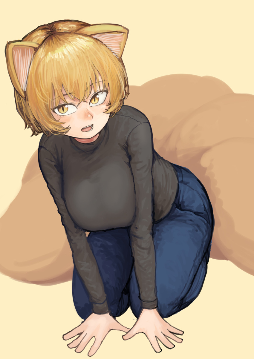 1girl absurdres all_fours alternate_costume animal_ears bangs blonde_hair blush breasts chanta_(ayatakaoisii) denim fox_ears from_above grey_sweater highres huge_breasts jeans looking_at_viewer multiple_tails no_headwear nose_blush open_mouth pants short_hair simple_background sitting slit_pupils solo sweater tail teeth touhou yakumo_ran yellow_background