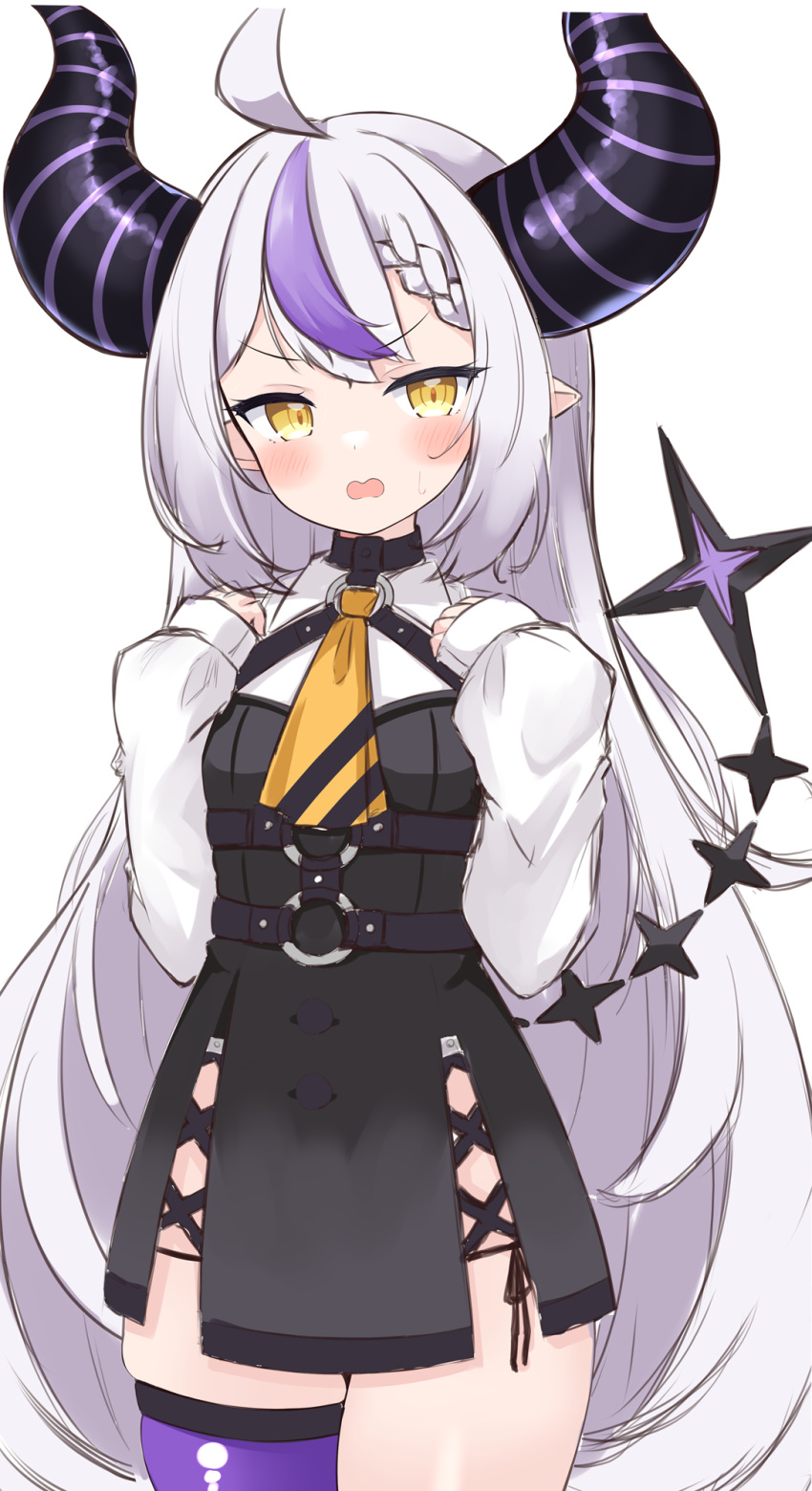 1girl ahoge ascot bangs black_choker black_dress blush braid choker cocozasa demon_girl demon_horns dress grey_hair highres hololive horns la+_darknesss long_hair long_sleeves looking_at_viewer multicolored_hair o-ring open_mouth panty_straps pointy_ears purple_hair purple_thighhighs sidelocks simple_background single_thighhigh sleeves_past_wrists solo star_(symbol) streaked_hair striped_horns sweatdrop thighhighs thighs very_long_hair virtual_youtuber white_background yellow_ascot yellow_eyes