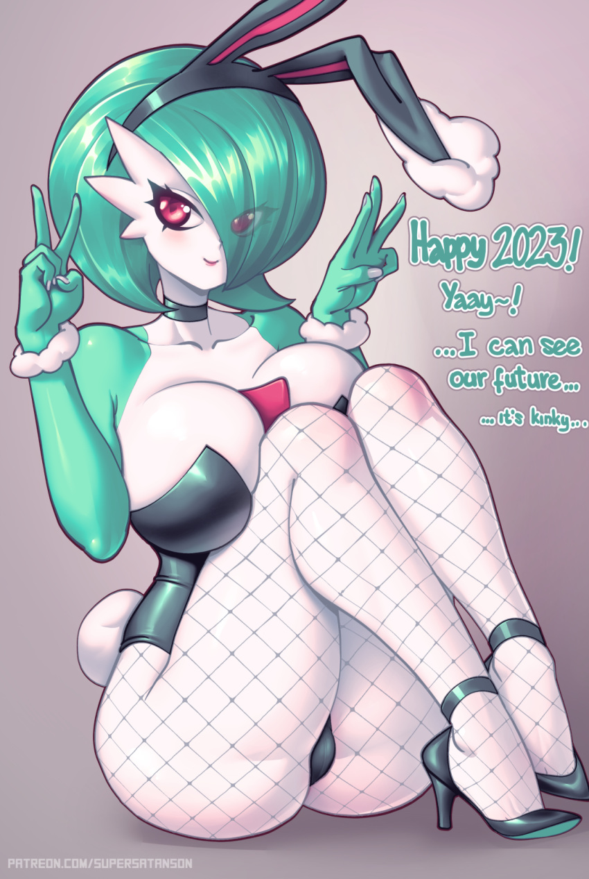 big_breasts blush breasts camel_toe clothing english_text female fishnet fishnet_legwear footwear gardevoir generation_3_pokemon gesture hi_res high_heels humanoid legwear looking_at_viewer nintendo pokemon pokemon_(species) red_eyes simple_background solo supersatanson text thick_thighs v_sign white_body