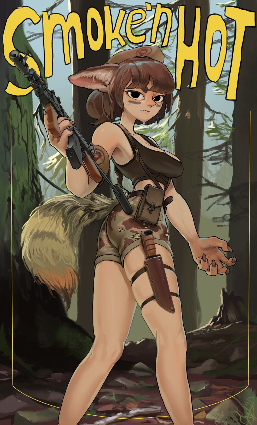 1girl absurdres ak-74 ammunition_pouch animal_ears assault_rifle beret black_eyes breasts brown_hair camouflage camouflage_pants cleavage english_text fang fingernails forest gun hat highres holding holding_gun holding_weapon kalashnikov_rifle knife military nature pants pouch rifle rifleman1130 sharp_fingernails short_hair short_shorts shorts solo tail tank_top weapon