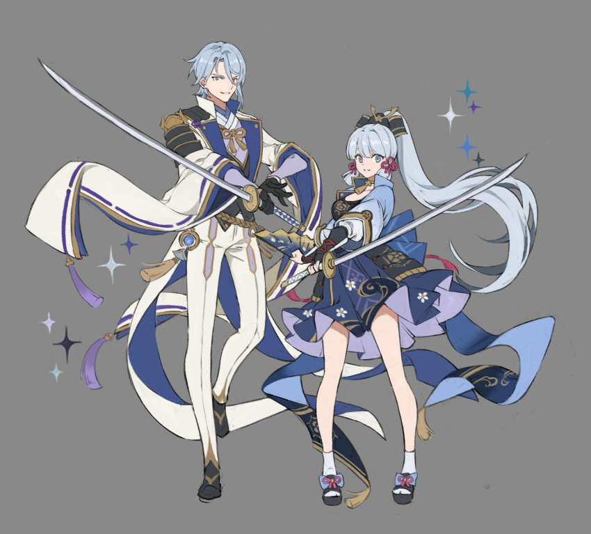 1boy 1girl armor armored_dress bangs bare_legs black_gloves blue_eyes blue_hair blunt_bangs breasts brother_and_sister chinese_knot collared_jacket commentary elbow_gloves flower_knot folding_fan full_body genshin_impact gloves gold_trim grey_background hand_fan highres holding holding_fan holding_sword holding_weapon jacket kamisato_ayaka kamisato_ayato light_blue_hair long_hair long_sleeves looking_at_viewer medium_breasts medium_skirt neck_tassel pants papajay_(jennygin2) partially_fingerless_gloves ponytail short_hair shoulder_armor siblings simple_background skirt smile sparkle sword symbol-only_commentary tabi vision_(genshin_impact) weapon white_jacket white_pants wide_sleeves zouri