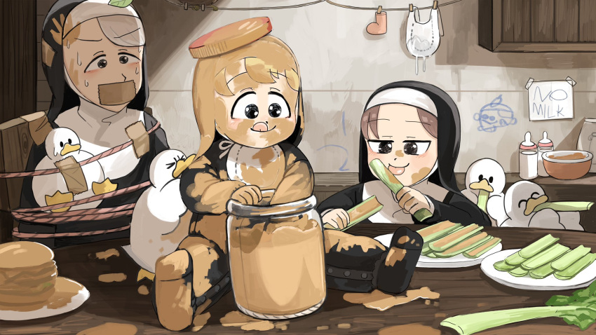 3girls aged_down baby_bottle bird black_socks blonde_hair blue_eyes bottle bound brown_eyes brown_hair catholic celery chicken clumsy_nun_(diva) dirty dirty_clothes dirty_face diva_(hyxpk) duck eating english_commentary gag grey_eyes grey_hair habit highres honey hungry_nun_(diva) improvised_gag jar leaf leaf_nun_(diva) licking little_nuns_(diva) messy multiple_girls nun plate rope socks sweat tape tape_gag tied_up_(nonsexual) tongue tongue_out