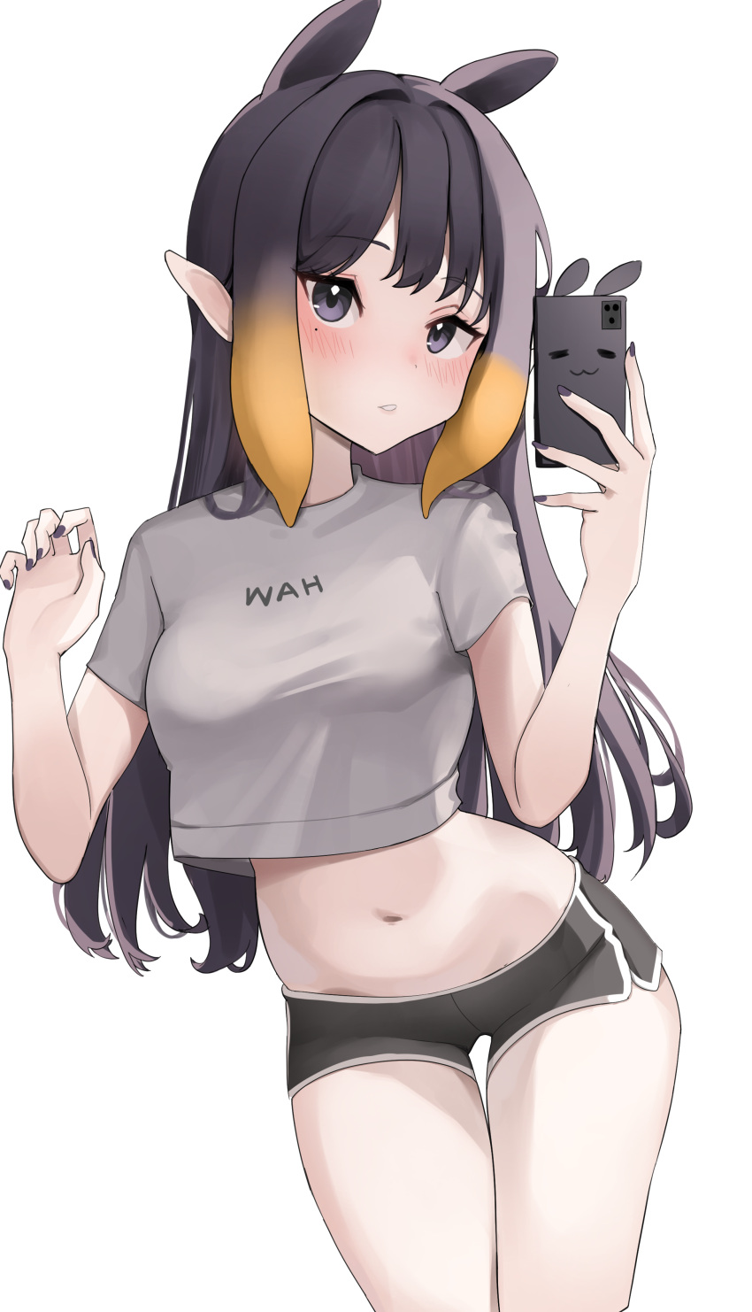 1girl absurdres alternate_costume black_shorts blush breasts casual cellphone cowboy_shot crop_top extra_ears gradient_hair grey_shirt hands_up highres hololive hololive_english long_hair looking_at_viewer midriff mole mole_under_eye multicolored_hair navel ninomae_ina'nis orange_hair phone pointy_ears purple_eyes purple_hair purple_nails scarlet_(wv0102) selfie shirt short_shorts short_sleeves shorts simple_background smartphone solo takodachi_(ninomae_ina'nis) tentacle_hair thigh_gap virtual_youtuber white_background