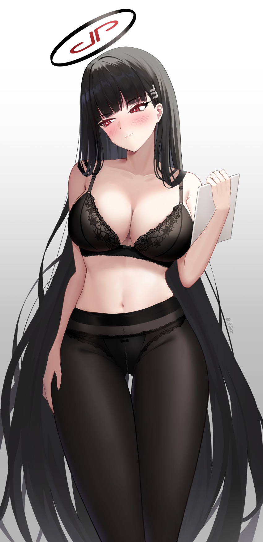 1girl absurdres bangs black_bra black_hair black_pantyhose blue_archive blunt_bangs blush bra breasts cleavage closed_mouth commentary_request doham facing_viewer hair_ornament hairclip halo highres hime_cut holding holding_tablet_pc lace-trimmed_bra lace_trim large_breasts long_hair looking_away looking_to_the_side navel panties panties_under_pantyhose pantyhose red_eyes rio_(blue_archive) solo stomach straight_hair tablet_pc thigh_gap underwear very_long_hair wavy_mouth