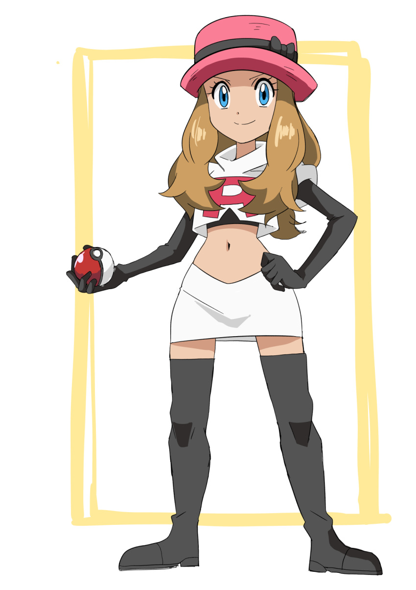 1girl alternate_costume black_footwear black_gloves blue_eyes boots brown_hair closed_mouth commentary_request cosplay cropped_jacket elbow_gloves eyelashes full_body gloves hainchu hand_on_hip hat hat_ribbon highres holding holding_poke_ball jacket jessie_(pokemon) jessie_(pokemon)_(cosplay) logo long_hair pink_headwear poke_ball poke_ball_(basic) pokemon pokemon_(anime) pokemon_xy_(anime) ribbon serena_(pokemon) skirt smile solo standing team_rocket team_rocket_uniform thigh_boots white_jacket white_skirt