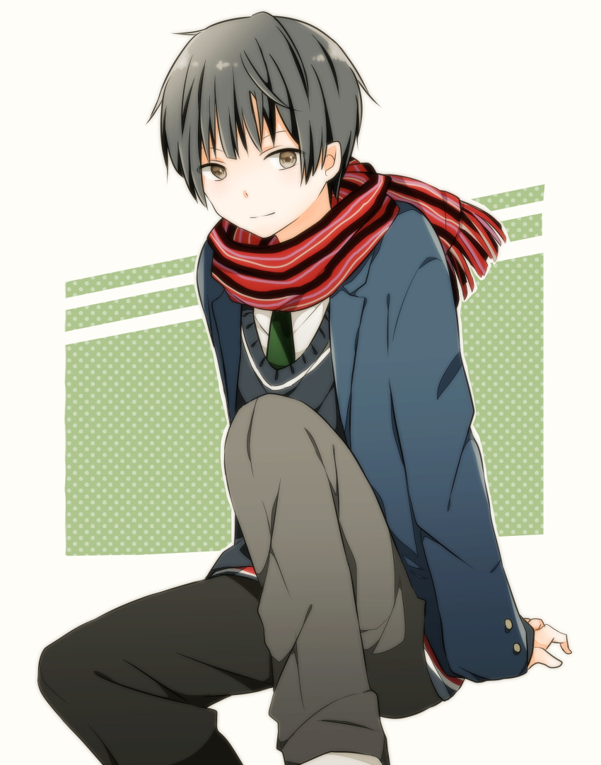 1boy arm_support bangs black_hair blazer blue_jacket brown_eyes closed_mouth commentary_request dotted_background feet_out_of_frame fringe_trim green_background green_necktie grey_pants grey_sweater highres jacket kyoukai_no_kanata layered_sleeves light_smile long_sleeves looking_at_viewer male_focus multicolored_clothes multicolored_scarf nase_hiroomi necktie open_clothes open_jacket pants partial_commentary red_scarf scarf school_uniform shirt short_hair sitting solo striped striped_scarf sweater white_background white_shirt winter_uniform yupe_(pikoyupi)