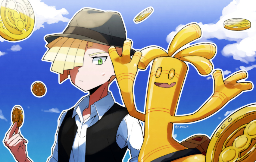 1boy alternate_costume black_vest blonde_hair closed_mouth cloud coin collared_shirt commentary_request day gholdengo gladion_(pokemon) green_eyes hair_over_one_eye hat highres holding holding_coin male_focus open_clothes open_vest outdoors outline pokemon pokemon_(creature) pokemon_(game) pokemon_sm shinozaki_naruse shirt short_hair sky sweatdrop twitter_username vest white_shirt