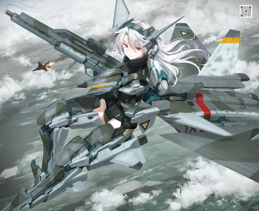 1girl ace_combat aircraft airplane armor cloud commentary_request commission fighter_jet fire gun headgear highres holding holding_gun holding_weapon jet long_hair looking_at_viewer mecha_musume mig-1.44 military military_vehicle personification pixiv_commission qr_code red_eyes rifle solo thighhighs thrusters tom-neko_(zamudo_akiyuki) weapon white_hair